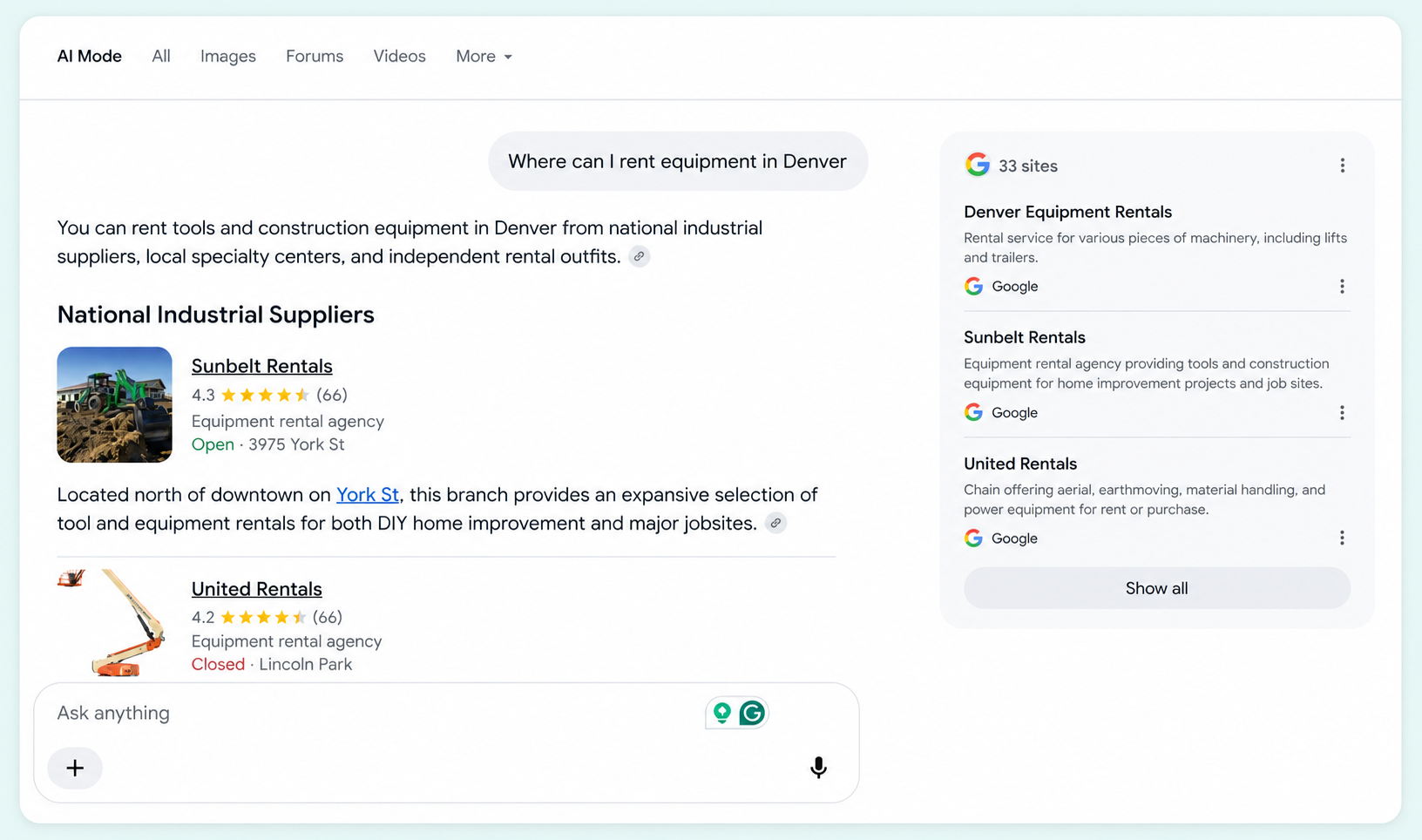 Gemini AI result portfolio for Denver equipment rentals