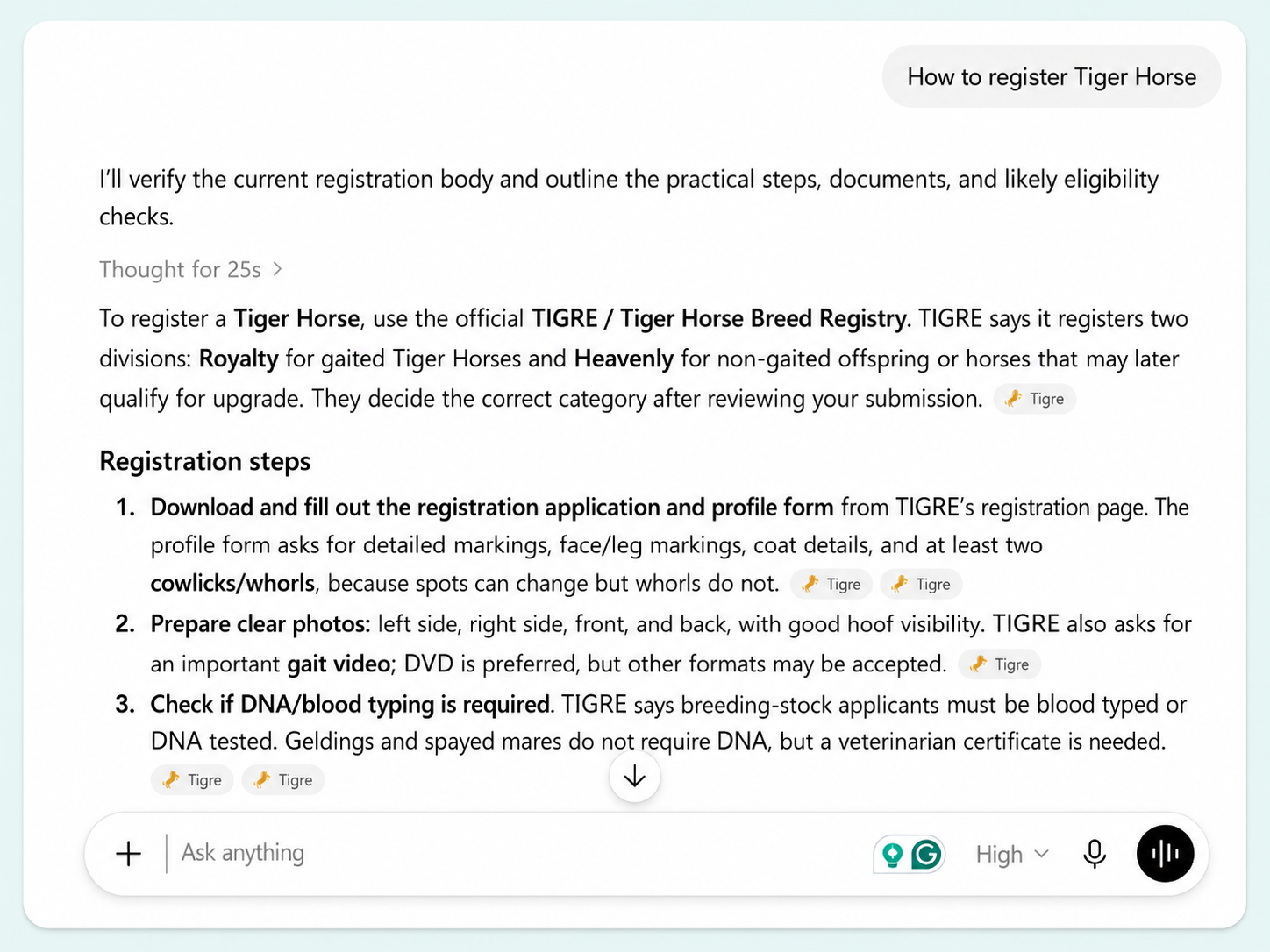 ChatGPT AI SEO result for how to register Tiger Horse